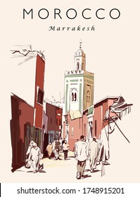 Street market in Marrakech, Morocco - vector illustration (Ideal for printing on fabric or paper, poster or wallpaper, house decoration) 