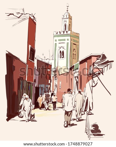 Street market in Marrakech, Morocco - vector illustration (Ideal for printing on fabric or paper, poster or wallpaper, house decoration) 