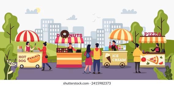 Street market. People buying food at outside vendors. Kiosks selling pizza, hot dogs, ice cream and donuts. Characters purchasing products from stalls vector illustration. Booths with snacks