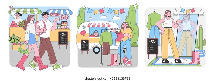 Street Market set. Shoppers explore outdoor stalls, selecting fresh produce and trendy clothes. Bargain finds, mobile shopping, mirror reflection. Flat vector illustration.