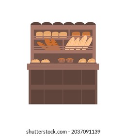 Street Market Stall Or Booth With Bakery Products, Cartoon Vector Illustration Isolated On White Background. Local Market Or Street Fair Booth Counter For Bread Sale.