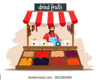 Street market stall with dried fruit illustration. Outdoor local fair kiosk vector. Man standing and selling fruits at table at tent with roof. Wooden booth with merchant in uniform.