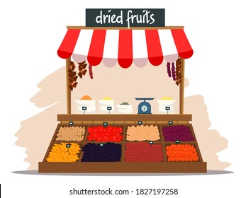 Street market stall with dried fruit. Outdoor local fair kiosk vector illustration. Store with dried fruits: apricots, plums, raisins. Empty wooden booth with scales and boxes with food.
