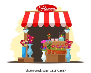 Street market stall with flowers. Outdoor local fair kiosk vector illustration. Store with flowers in vases and plants in pots. Wrapping paper, postacrds, bouquets. Empty wooden booth.