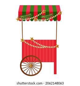 Street market stall and stalls, stall for Christmas fair. Mobile anti-insulated. Under the roof with Christmas decorations. Fixed and mobile counters. Cartoon style, fairs, advertisements, banners, in