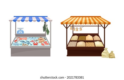 Street Market Stall and Stand with Awning and Various Products Like Condiment and Fish Vector Set