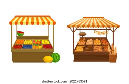 Street Market Stall and Stand with Awning and Various Products Like Fruit and Bread Vector Set