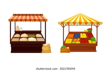 Calle de venta y parada con Awning y varios productos como Fruit y Condiment Vector Set