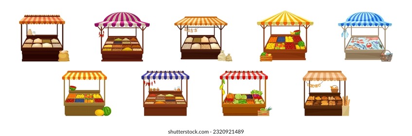 Street Market Stall and Stand with Awning and Various Products Vector Set