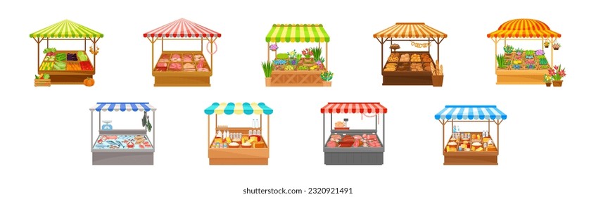 Street Market Stall and Stand with Awning and Various Products Vector Set