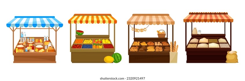 Street Market Stall and Stand with Awning and Various Products Vector Set