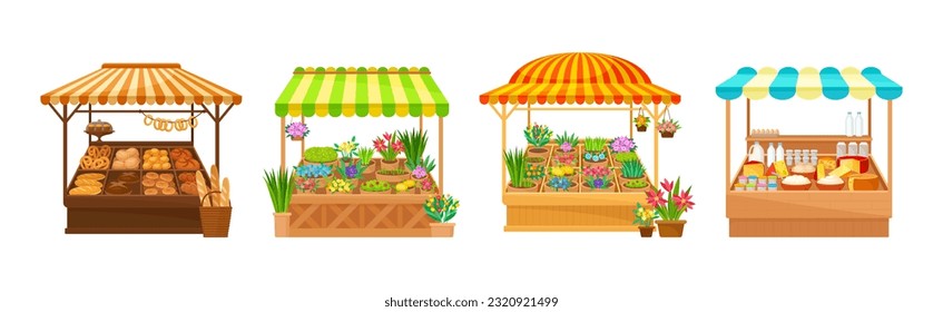 Street Market Stall and Stand with Awning and Various Products Vector Set