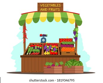 Street market stall with vegetables and fruits. Outdoor local fair kiosk vector illustration. Store with grapes, apples, oranges, pears, watermelons, carrots, tomatoes, eggplant. Empty wooden booth.