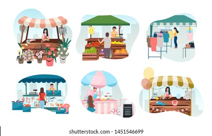 Street market stalls flat vector illustrations set. Fair, funfair trade tents, outdoor kiosks and carts with sellers. Shopping places cartoon concept. Summer festival market counters for selling goods