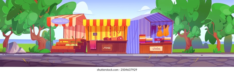 Street market stalls in green summer park. Vector cartoon illustration of outdoor trade fair with kiosks selling fruit, vegetables, meat and clothes, rural marketplace on sunny day, small business