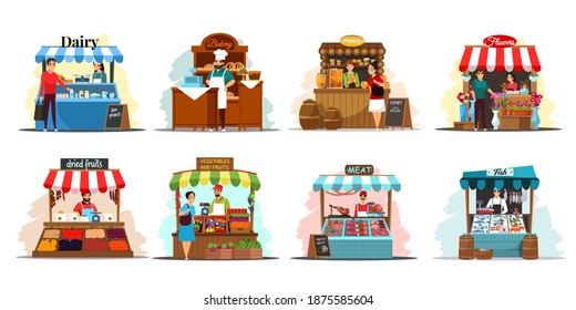 Street market stalls and kiosks with food illustration set. Outdoor local fair vector. Groceries, fish, honey, flowers, vegetables, fruits, meat, bakery, dairy stores. Wooden booth with merchants.