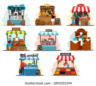 Street market stalls and kiosks with food illustration set. Outdoor local fair vector. Groceries, fish, honey, flowers, vegetables, fruits, meat, bakery, dairy stores. Wooden booth with merchants.