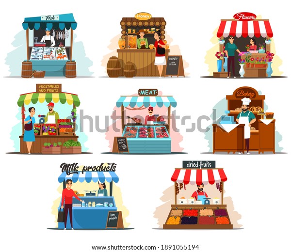 Street market stalls and kiosks with food\
illustration set. Outdoor local fair vector. Groceries, fish,\
honey, flowers, vegetables, fruits, meat, bakery, dairy stores.\
Wooden booth with\
merchants.