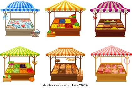 Street Market Stalls and Stands with Various Products like Fish and Bread Vector Set