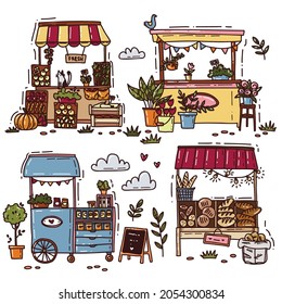 Street market stalls and stands with various products  and things. Cute hand drawn vector set.