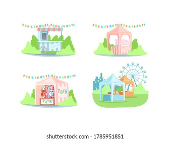 Street market stands semi flat RGB color vector illustrations set. Ice cream, popcorn and toys selling kiosks isolated cartoon objects on white background. Fair tents with food and souvenirs pack