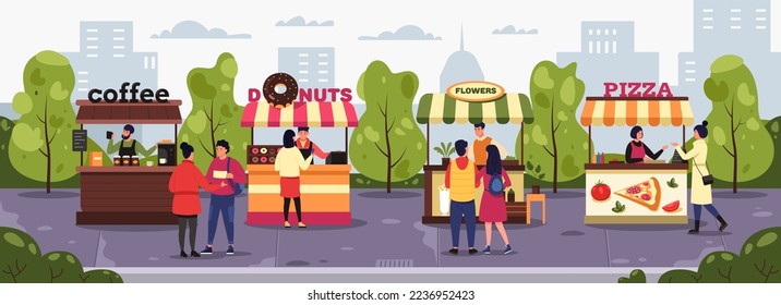 Street market. Vendors with vegetable fruit kiosk selling fresh food, people purchase natural organic products from stall cartoon style. Vector flat illustration. Women buying donuts and pizza