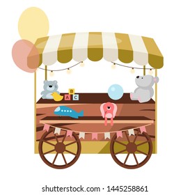 Street market wooden cart with toys flat vector illustration. Retro fair, funfair store stall on wheels. Trade trolley selling craft toys cartoon concept. Summer festival, carnival outdoor shop