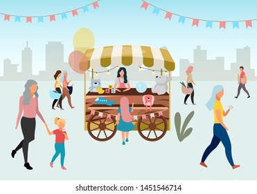 Street market wooden cart with toys flat illustration. Retro circus fair store stall on wheels. Trade trolley with craft toys. People walk summer festival, carnival outdoor shops cartoon characters