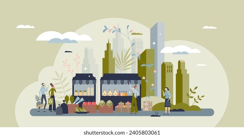 Street markets and local grocery or food outdoor stands tiny person concept. Farmer marketplace ir urban environment for fresh products retail vector illustration. Kiosks with seller and customers.