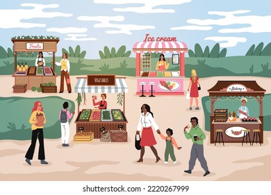 Street markets people. Happy shoppers walk between stalls, cute sellers with products, food booths, vegetables and fruits, ice cream and bakery, family in park, tidy vector cartoon concept