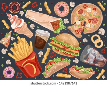 Street meal, french fries, pizza, hamburger, takeaway service, coffee, hot dog, burrito, ice cream, quick lunch set