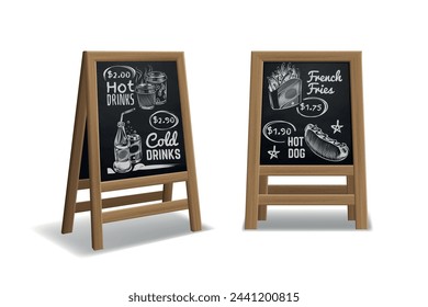 Menú de la calle. Vista frontal y lateral de madera negra. Bebidas frías y calientes, boceto de dibujo de tiza de comida callejera, banner de promoción al aire libre para café y restaurante, concepto de vector aislado realista