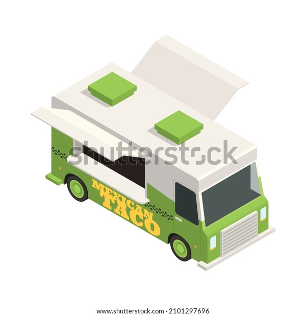 Street mexican taco food truck in\
green and white colors isometric icon 3d vector\
illustration