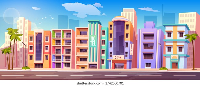 Street in Miami with buildings, hotels, road and palm trees. Vector cartoon tropical landscape with buildings in resort city. Summer cityscape with vintage motel, restaurant and modern skyscrapers