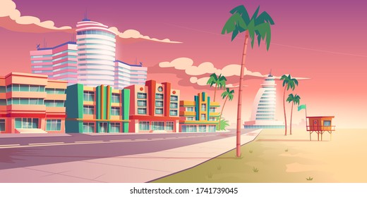 Straße in Miami mit Hotels, Sandstrand und Palmen. Vector Cartoon tropische Landschaft mit Gebäuden in Resort Stadt bei Sonnenuntergang. Sommerstadtbild mit leerer Straße und Rettungsturm am Meer