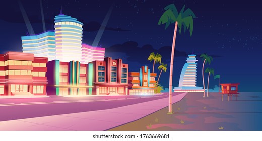 Street in Miami with hotels, sand beach and palm trees at night. Vector cartoon tropical landscape with illuminated buildings in resort city. Summer night cityscape with empty road and sea shore