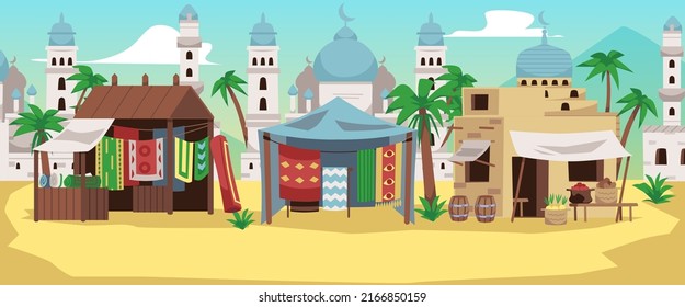 Street of a middle eastern or arabic city on a sunny day, flat vector illustration. Background of empty arabic old city with mosques and street shops tents.