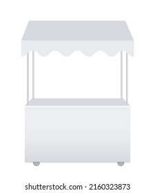 Street mobile market shop for trading. White fast food stall on wheels. Tent with a roof for outdoor event, trade show, retail trade, advertising. Vector realistic Mockup. Blank template. Front view.