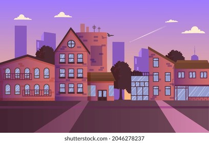 Street of modern city. Composition with houses, apartments, skyscrapers and shop windows. Evening city landscape. Poster for websites. Cartoon flat vector illustration isolated on white background