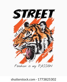 street monster slogan with roaring tiger head graphic illustration on ripping stripe background