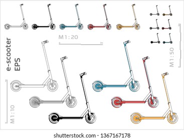 street motorized electric kick e-sooter vector icons set for architectural drawing and illustration, left view