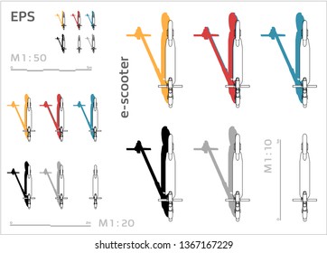 street motorized electric kick e-sooter vector icons set for architectural drawing and illustration, top plan view