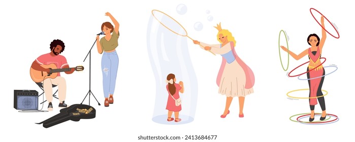Street music band, artist performer with huge foamy bubble blower, gymnast belly dancer with hula-hoop isolated set on white background. Urban funfair carnival artists vector illustration svg
