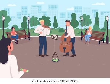 Street music band flat color vector illustration. Violin and cello players earn money. Musical instrument concert outdoor. Classical musicians 2D cartoon characters with urban park on background