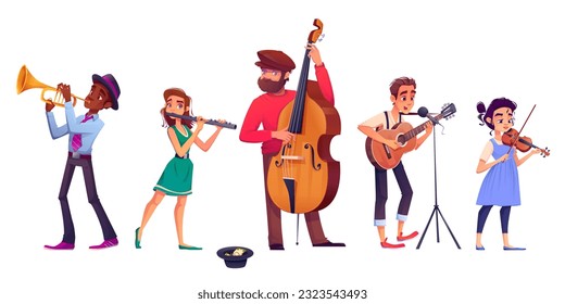 Street music band performing isolated on white background. Vector cartoon illustration of young men and women playing trumpet, flute, double bass, guitar, violin, singing song to raise money in hat