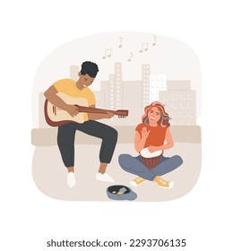 Street music performance isolated cartoon vector illustration. Teenage couple making music on the street, boy and girl singing and playing acoustic guitar, performing art vector cartoon.