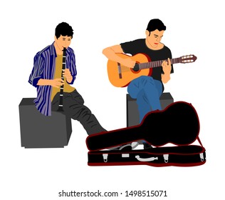 Street music performers with guitar and flute, clarinet play for money vector illustration isolated on white. Guitar player, and  flutist. Musician amusement people. Duet art sound. Boys artist band.