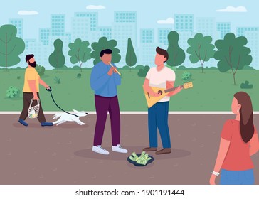 Street music playing flat color vector illustration. Collecting money with your favourite hobby. Special perfomance in park. Talanted musicians 2D cartoon characters with huge megapolis on background