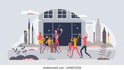 Street music and urban performance in city with band tiny person concept. Artistic show with singing and drums playing as fun outdoor event for pedestrians vector illustration. Corner jam atmosphere