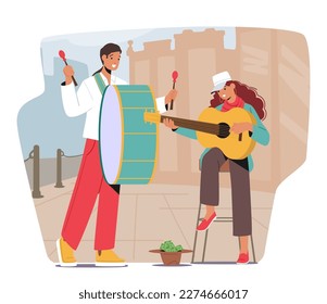 Street Musical Performance mit Musicians Man und Woman Perform Outdoor Show mit Drum und Gitarre. Leute, die Musik im Park spielen und Geld in Hut sammeln. Cartoon-Vektorgrafik